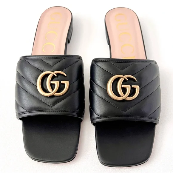 GUCCI | Marmont GG Jolie Matelasse Quilted Black Leather Low Heel Slides Sandals - Picture 3 of 14
